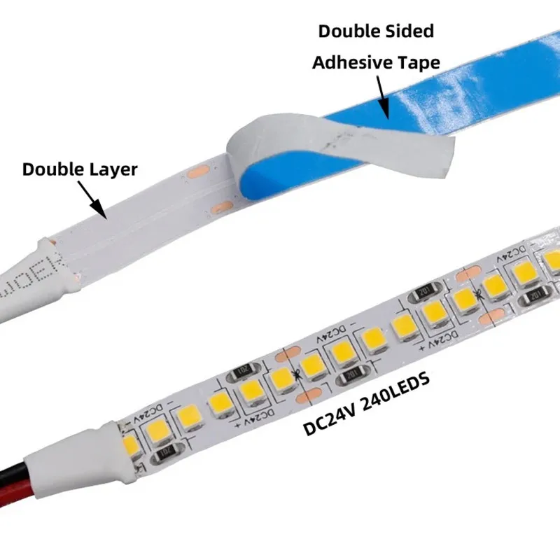 Fita LED com corda branca quente, 2835 fita flexível, 12V, 24V, 2400LEDs, branco fresco, 6500K, 4000K, 3000K, natureza, 10m