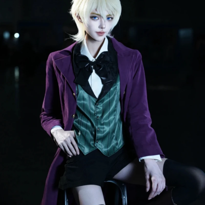 Black Butler II Alois Trancy Cosplay Costume Purple Long Coat Forest Green Vest Full Set with Stockings for Men Cosplay Party view 4