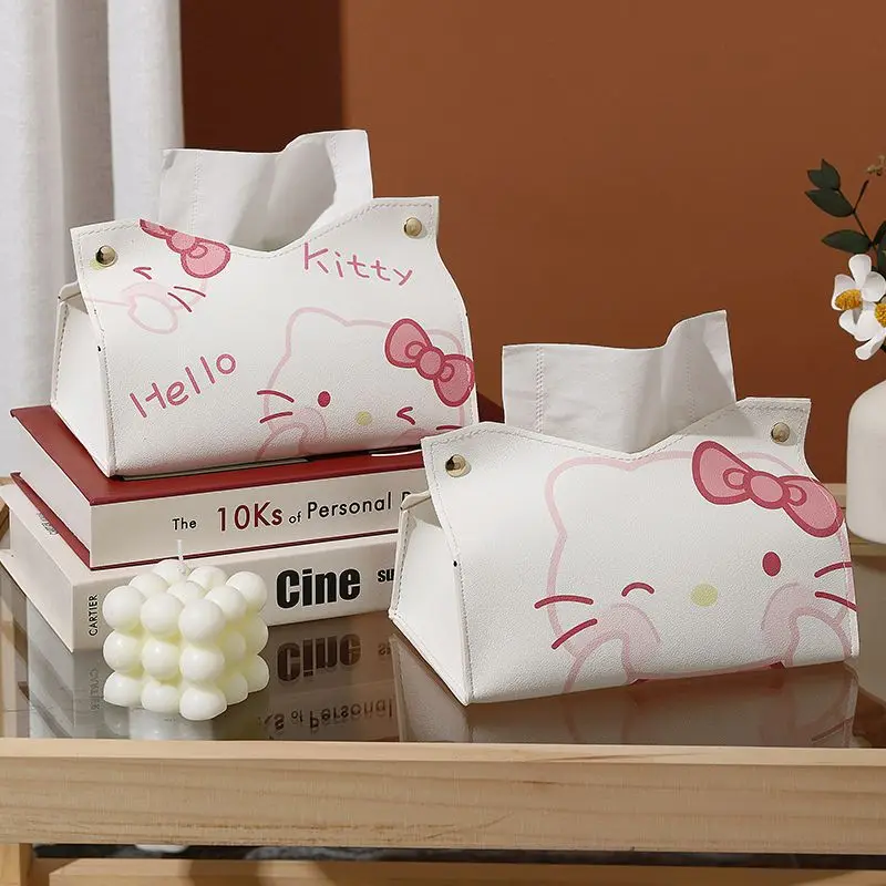 Sanrio Hello Kitty Tissue Box Cute Cartoon Cat Bowknot Paper Drawer Box Home Supplies Long Tissue Storage PU Leather Creative