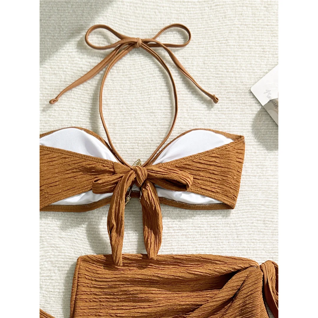 3-teiliges Set mit Sarong, Metallstern-Halterneck-Bikini, Damen-Badeanzug, Damen-Badebekleidung, dreiteiliges Bikini-Set, Badeanzug, Badebekleidung, Schwimmbekleidung V7042 – Detail 24