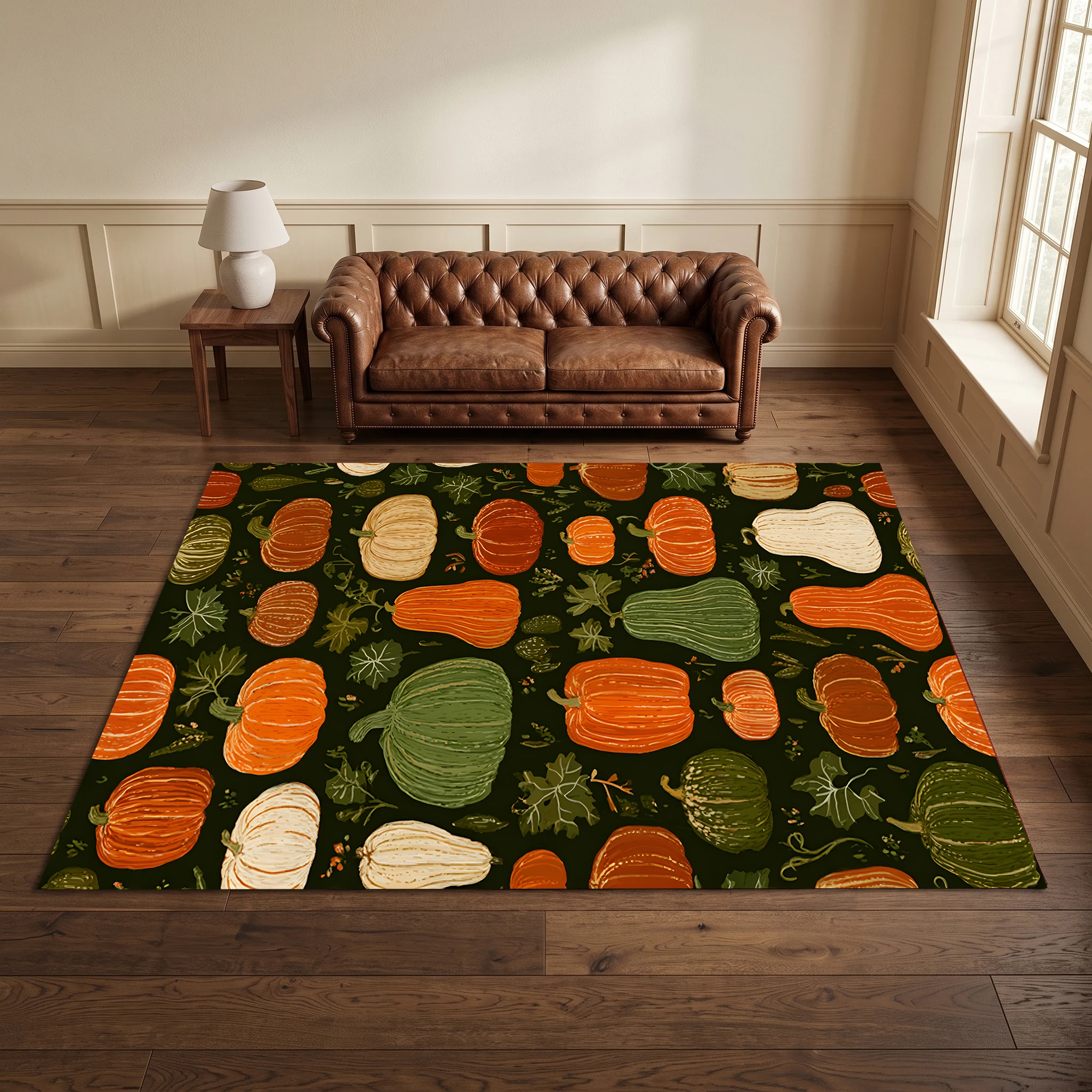 Colorful Pumpkin All-Over Print Retro-Style Velvet Rug, Perfect for Autumn and Winter, Easily Creates a Warm and Cozy Autumn Atmosphere in the Living Room and Bedroom