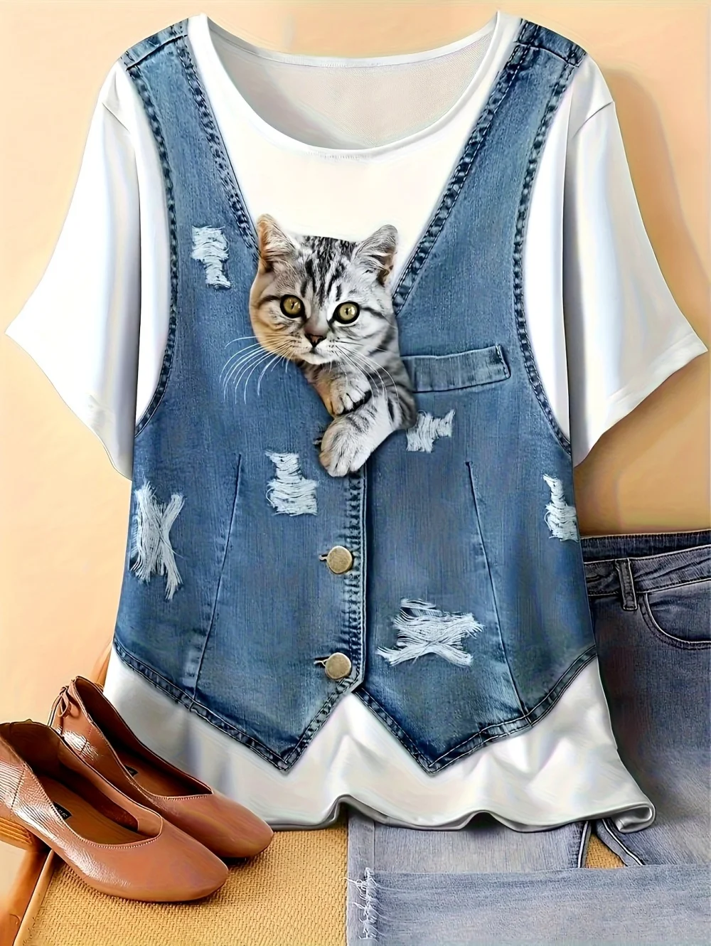 Women's Funny Playful Cat Cartoon Print T-Shirt Women's Casual Short Sleeve T-Shirts Top Tee Loose Streetwear Female Clothing