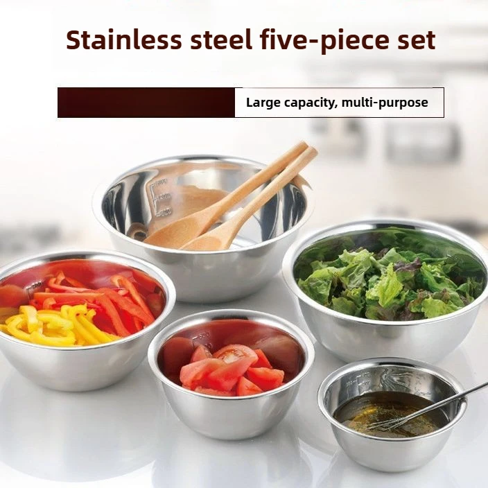 

5Pcs Salad Mixing Bowl Set Stainless Steel Multipurpose Soup Basin 5 Sizes Nesting Bowls for Kitchen Cooking Baking Food Storage