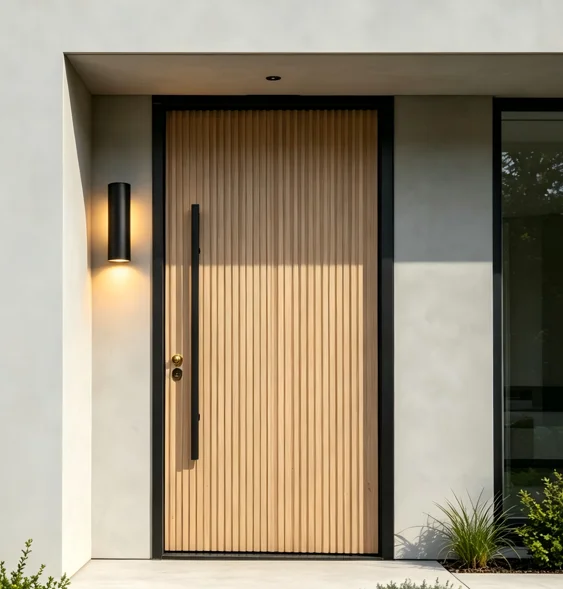 Fashion Design Wood Grain Color Strip Shape Entrance Door Powder Coated Hinged Doors Luxurious Aluminum Alloy Security Doors