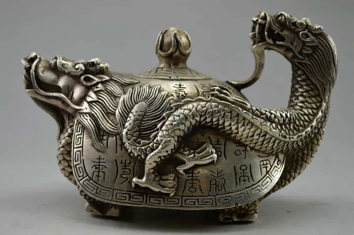 Antique Tibet Silver Statue Carved Dragon Turtle Teapot Kangxi stamp kettle Pot