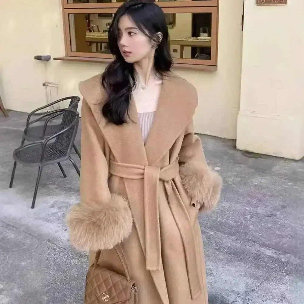 حقيقي كبير التلبيب طويل الثعلب الفراء الصوف المرأة سترة صوفية 2025 شتاء جديد على الوجهين معطف من قماش الكشمير الإناث #4