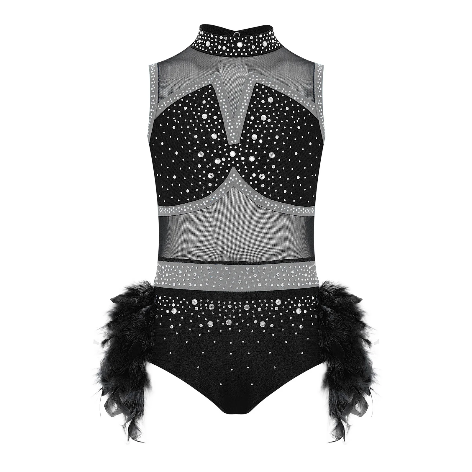 

Kids Girl Jazz Latin Dance Performance Costume Sleeveless Cutout Back Shiny Rhinestones Color Block Leotard with Feather Skirt