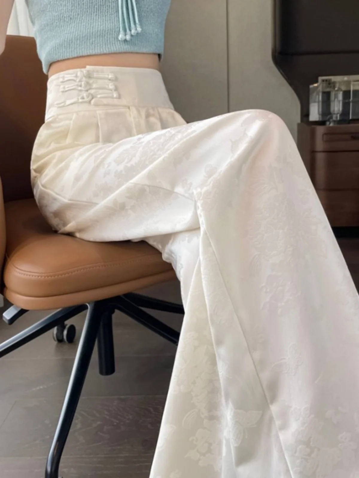 

White New Chinese Style Wide Leg Pants Women's Casual Spring Autumn Small Size National Style High-End Zen Tang Costume