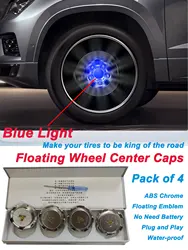 Blue Light LED Floating Auto Light Wheel Caps, Maglev Wheel Hub Emblems, Magnetic Suspension Chrome  Wheel Center Caps 4pcs