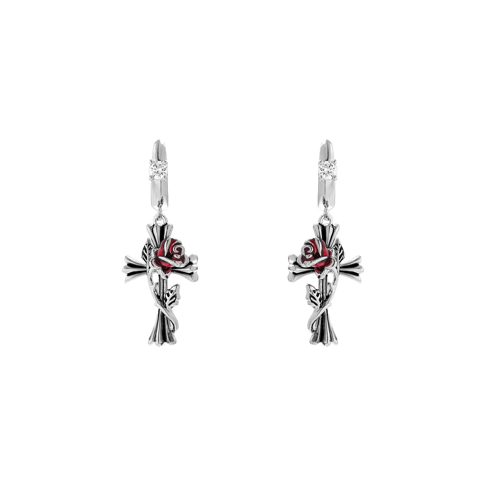 Personalized Rose Flower Entwined Cross Earrings For Women Trendy Punk Rhinestone Cross Pendant Ear Jewelry Casual Party Wear