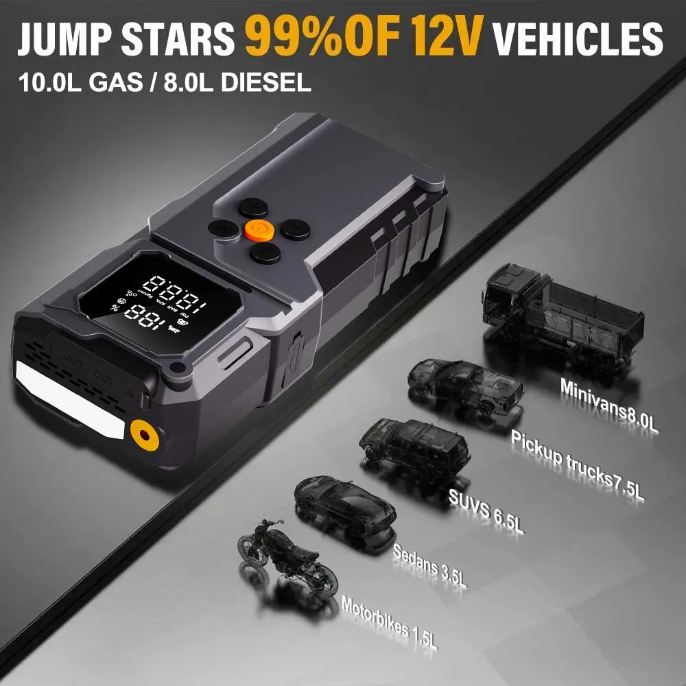 GKFLY 4 In 1 4000A 7000A Jump Starter 150PSI Pump Air Compressor 59.2Wh Power Bank 12V Starting Device Digital Tire Inflator