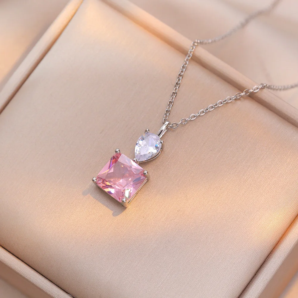 Bridal Jewelry Set Square Pink CZ Crystal 925 Silver Needle Ring Pendant Necklace Earrings for Women Wedding Anniversary Gifts