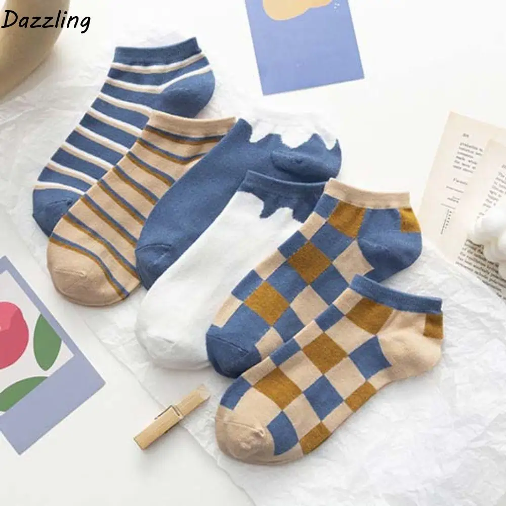 

10Pairs Breathable Grid Stripe Ankle Socks Non-slip Thin Women Tube Socks Colorful Hosiery Simple Mid-calf Socks Women