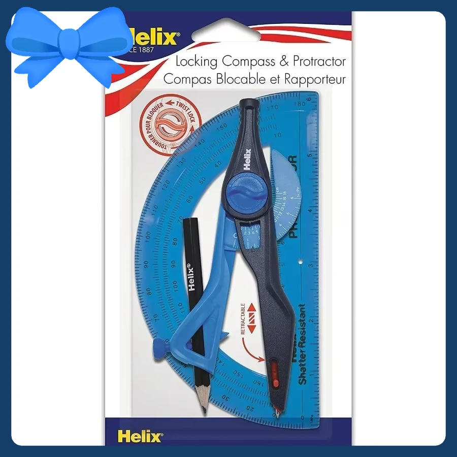 学生用幾何学セット：学校の数学、精密な図面、工学の授業用のプラスチック製ロック式コンパスと分度器