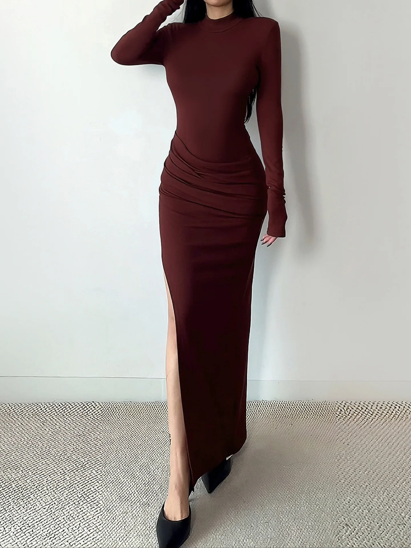 Harajuku Borgogna Abito da sera per le donne Alta fessura Multi-strato increspato Aderente Gonna a sirena Eventi Festa di ballo Abiti Robe