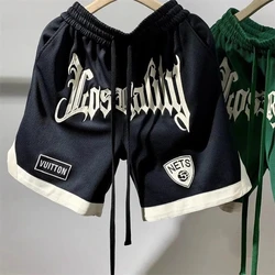 Men Trendy Letter Print Contrast Color Casual Streetwear Loose Short Pants 2024 Summer Youth Y2K Basketball Sports Beach Shorts