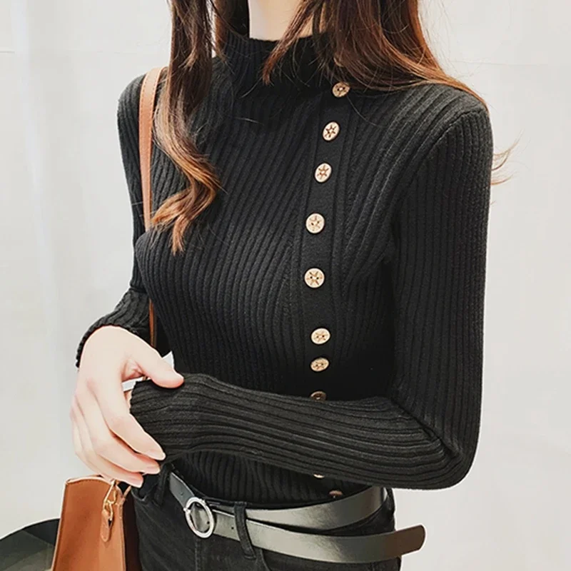 Women Knitted Winter Pullovers 2024 Fashion Long Sleeve White Black Sweaters Turtleneck Korean Clothes Elegant Pink Ladies Tops