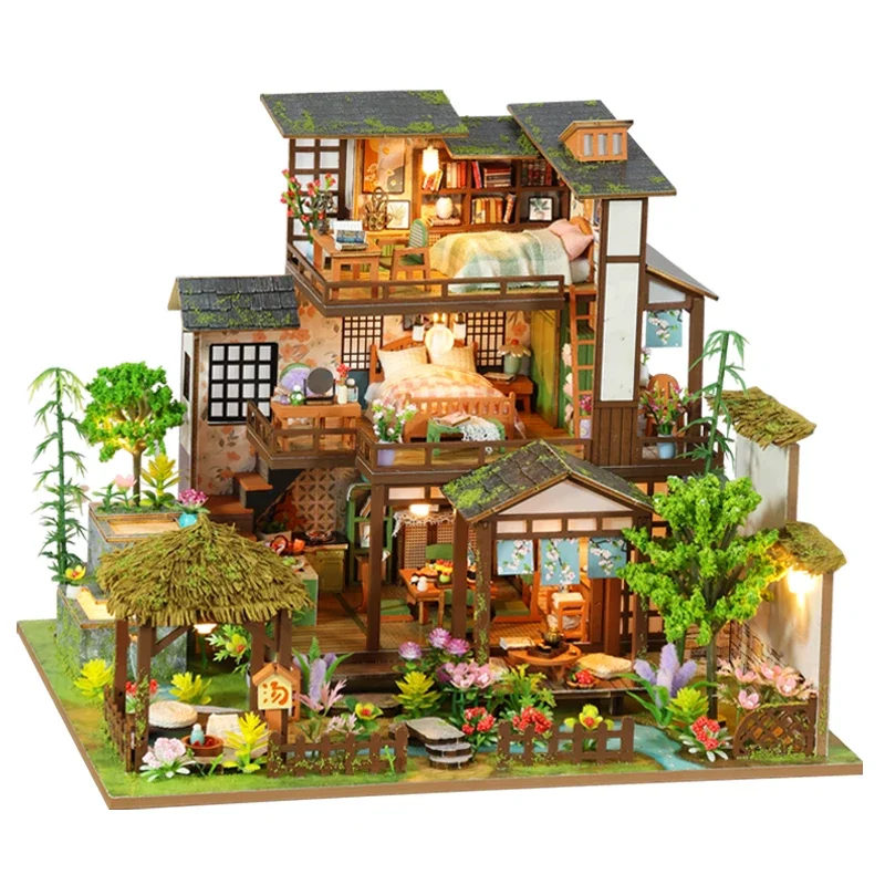 NEW DIY Wooden Doll House Bamboo Spring Courtyard Casa Miniature Building Kits Dollhouse With Furniture Big Villa Girls Gifts