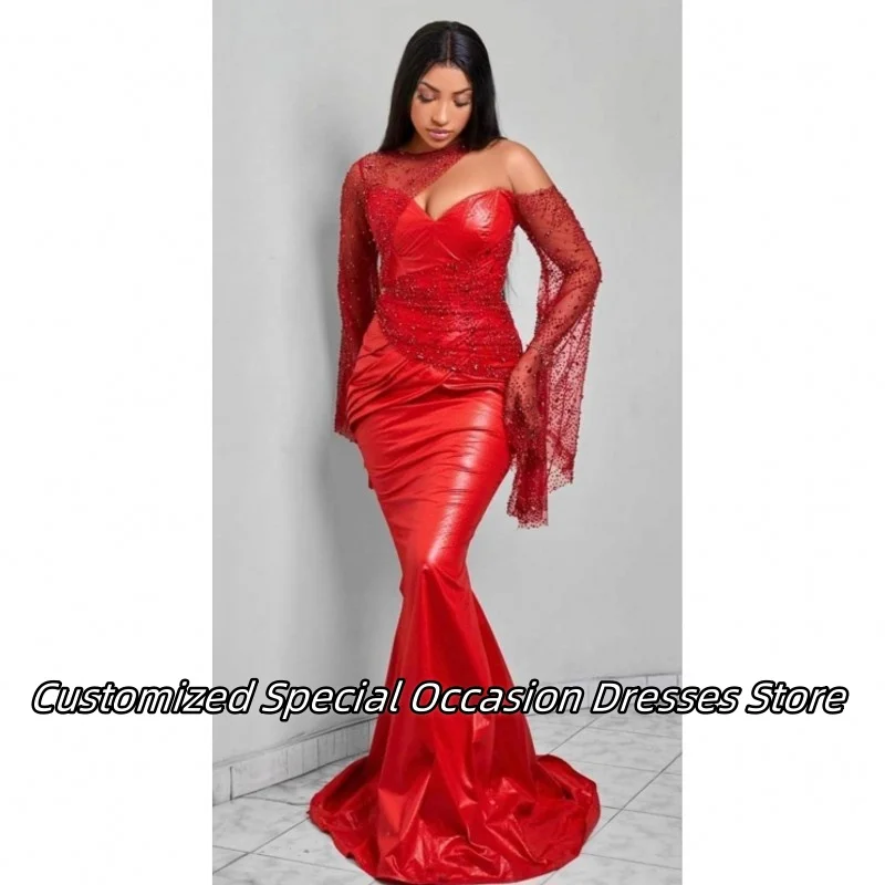 

Charming Red Evening Dresses For African Women Long Mermaid Prom Dress Nigerian Luxury Party Gowns Bridesmaid Gown Customized