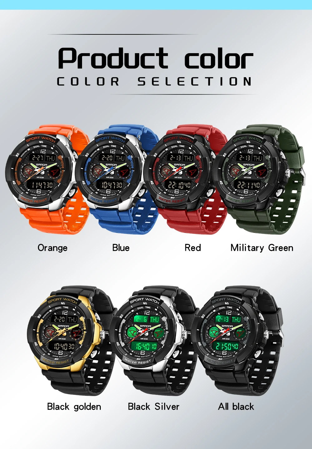 SANDA 6197 Fashion Student Electronic Watch Multi functional Waterproof Alarm Clock Dual Display Men\'s Electronic Watch 2025
