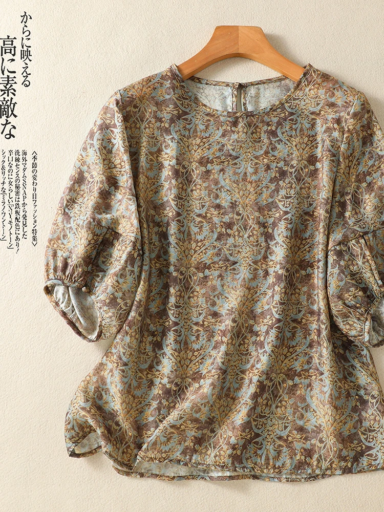 

Retro round Neck Short Sleeve Printed Shirt Women's Fashionable Versatile Summer New Arrival Breathable Comfortable Quality Top