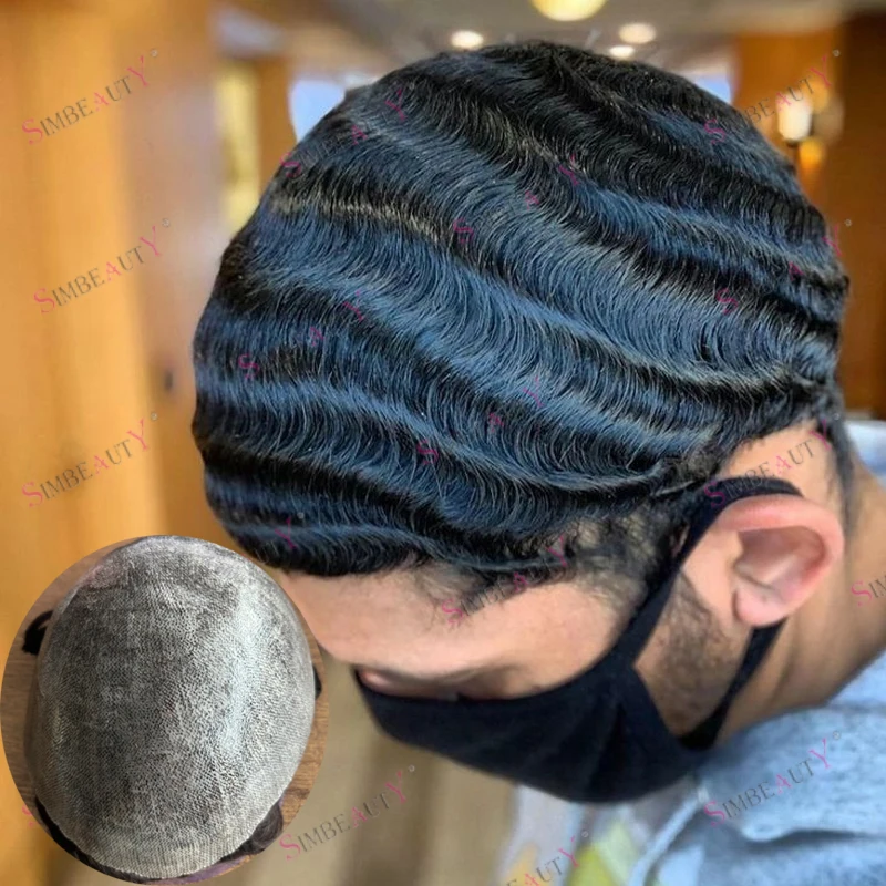 غير قابل للاكتشاف رجل أسود موجة عميقة 15 مللي متر خط الشعر الطبيعي رجل شعر الإنسان الباروكات بني رمادي 1B20 قوي بولي Base قاعدة الرجال نظام الشعر المستعار