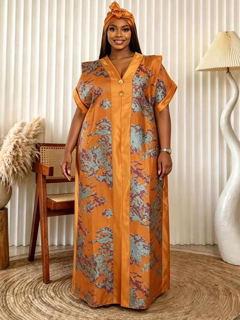 Plus Size African Women's Traditional Dress with Scarf Jacquard Pattern Long Middle Eastern Formal Robe for Large Sizes