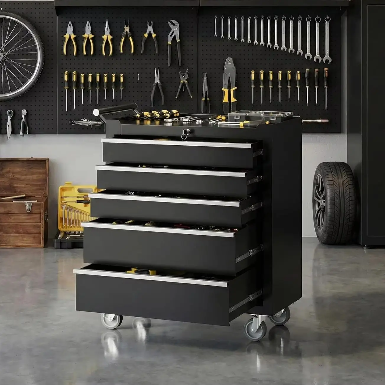 Portable Rolling Tool Chest with 5 Drawers, Mobile Tool Storage Cabinet with Lock, Heavy Duty Toolbox Organizer on Wheels for Garage Workshop Mechanic Shop Use