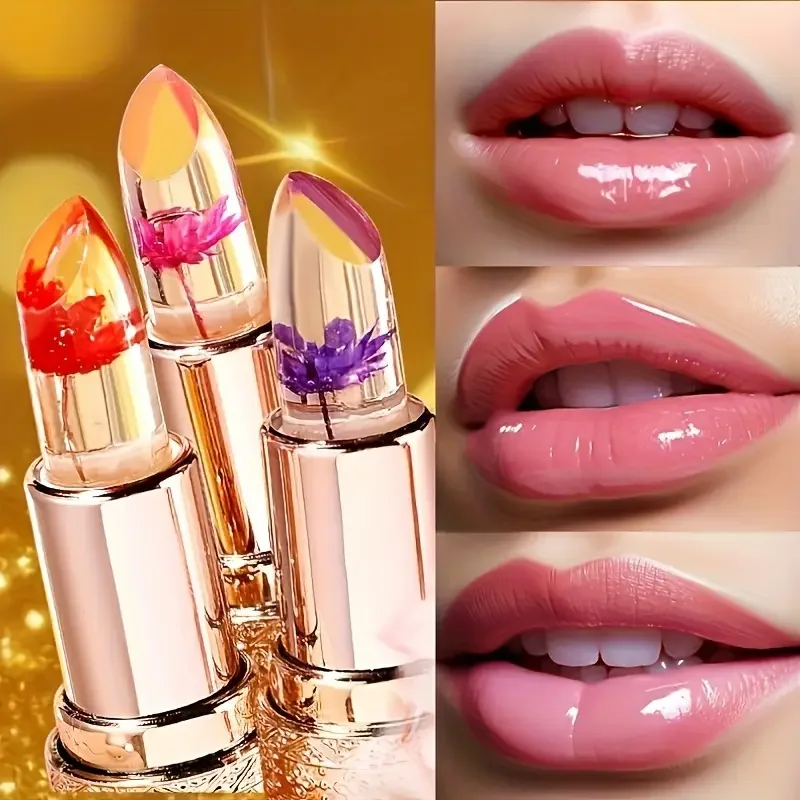 3-teiliges, von der Natur inspiriertes, farbwechselndes Blumengelee-Lippenstift-Set – feuchtigkeitsspendendes, langlebiges, temperaturempfindliches Balsam-Lipgloss-Set