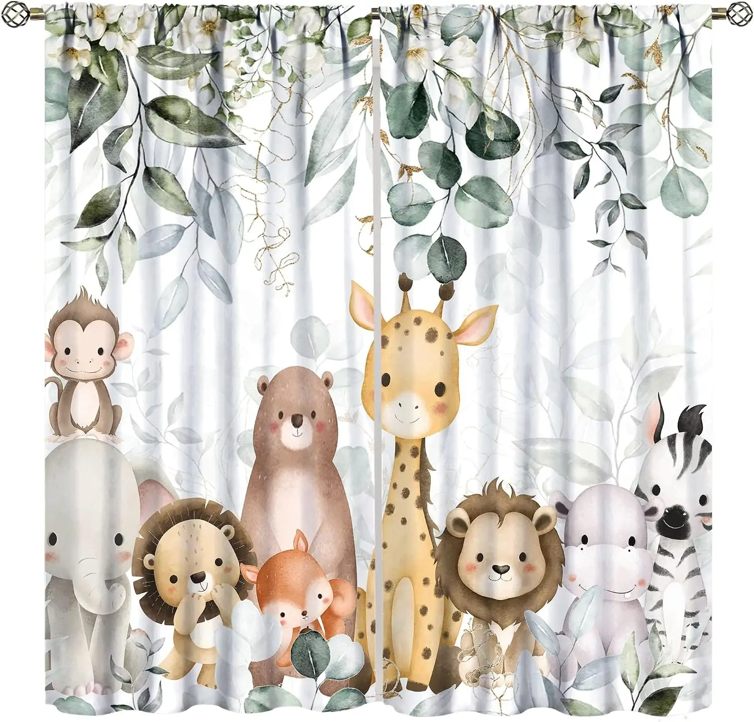 Adorable Jungle Safari Animal Print Curtains Watercolor Nursery Decor Wildlife Elephant Giraffe Lion Curtain Panel Window Drapes