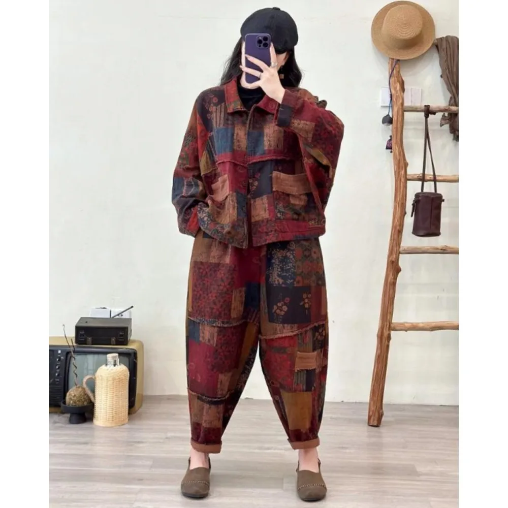 

2024 Autumn Cotton Linen Printed Outfit Color Blocked Long Sleeved Jacket + Elastic High Waisted Pant Two Piece Set Women ZF181