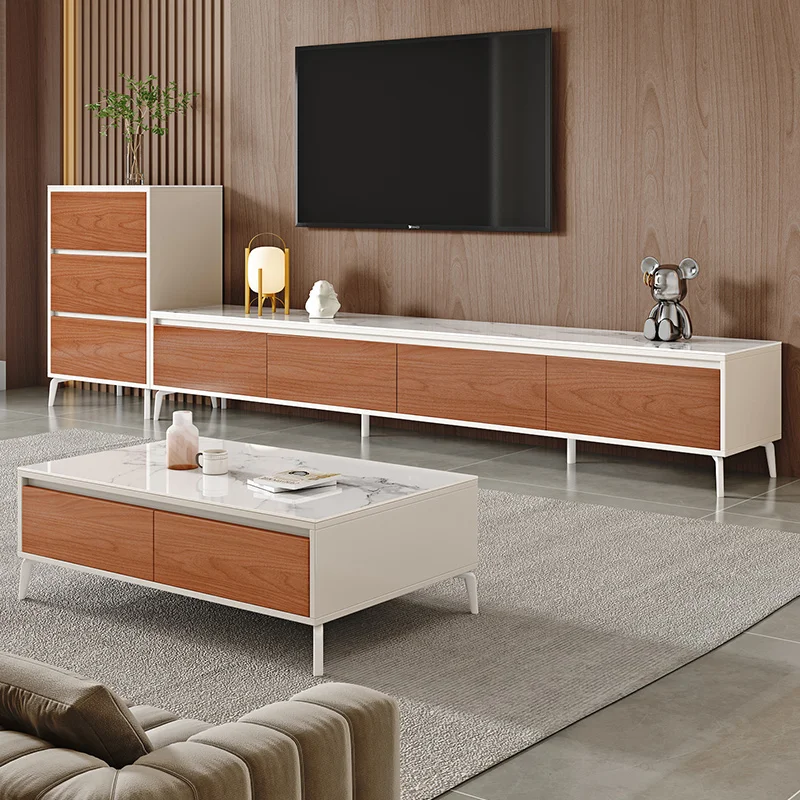 

Solid wood TV cabinet,modern living room household storage integrated floor to ceiling rock panel coffee combination