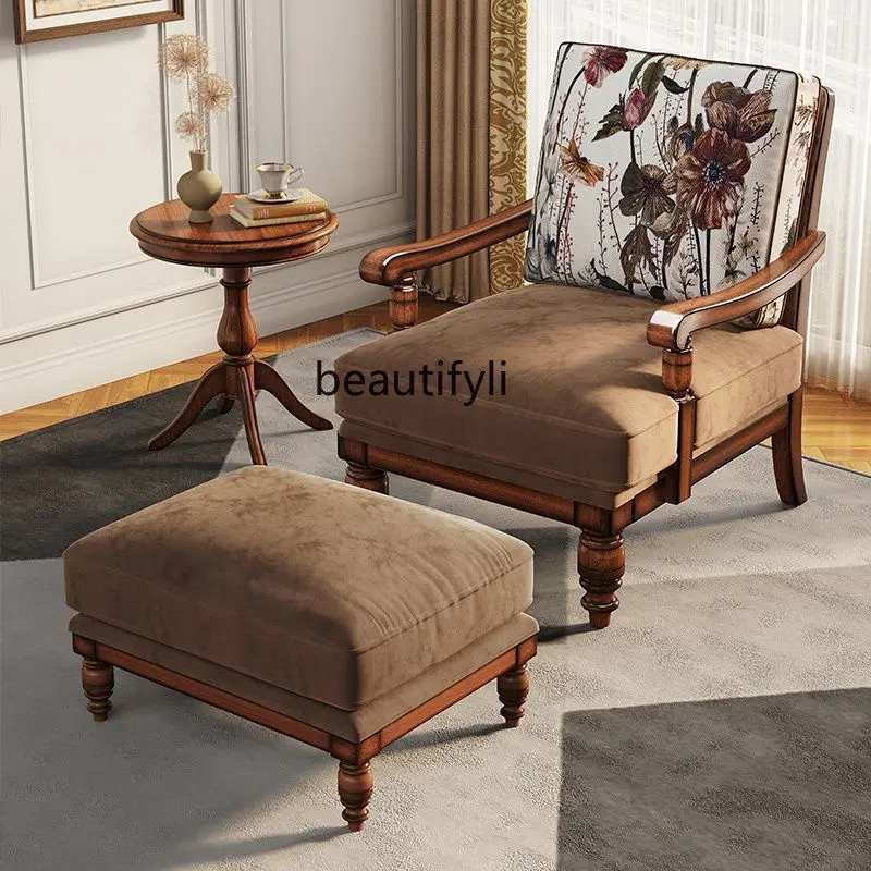 

Single Sofa All Solid Wood Fabric Living Room Leisure Single Retro Sofa Chair for Small Apartments