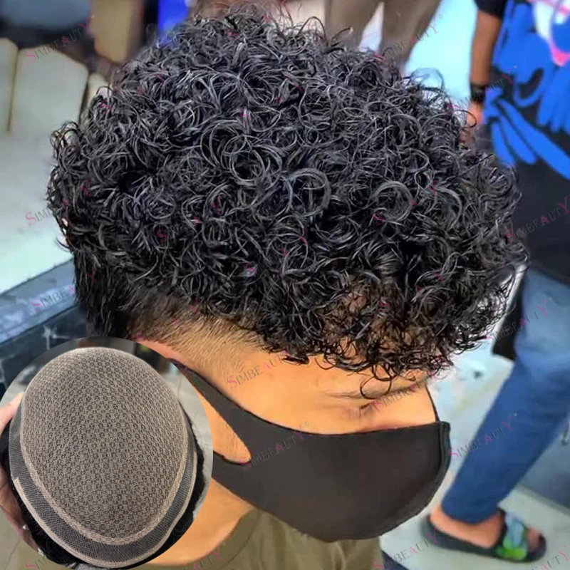 

Durable 18mm Curly Natural Black 100% Human Hair Man's Wigs Undetectable Full Silk Base Men Toupee Comfortable Man Hair System