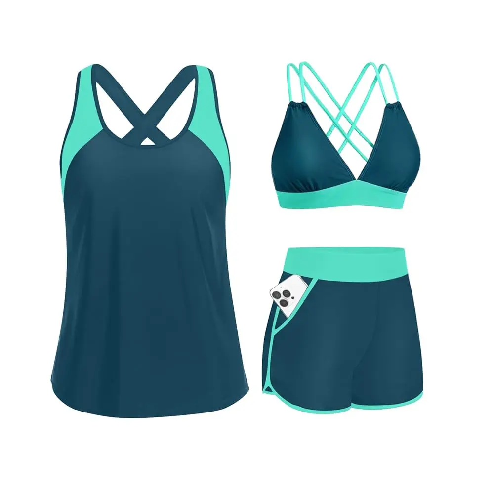 Women 3 Piece Tankini Swimsuits - Tummy Control Tank Top with Bra Modest Bathing Suit with Pockets Boyshorts Bottom 2026