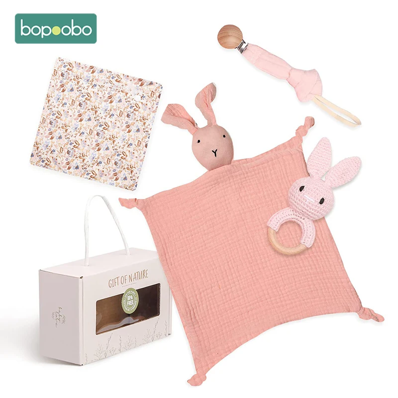 Bopoobo 4Pcs/Set Baby Bath Toys Sets Soft Cotton Rabbit Bibs Baby Rattles Pacifier Chain for Baby Photo Props Birth Gift Product