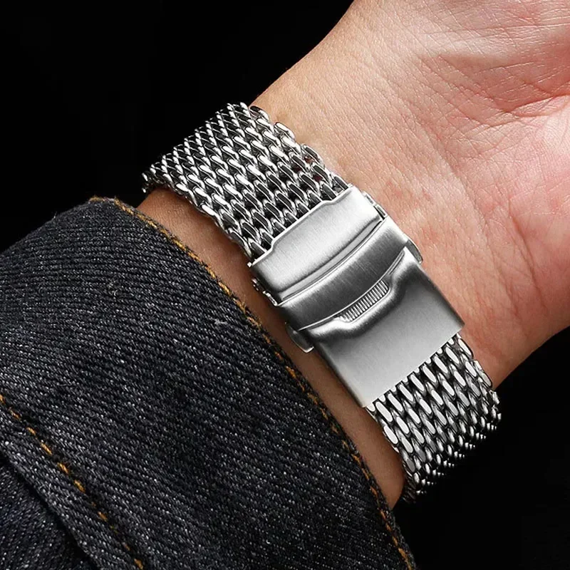 18/20/22/24mm Mesh Stainless Steel Strap for Seiko Diving Wrist Band Metal Shark Adjustable Folding Buckle Luxury Men Bracelet