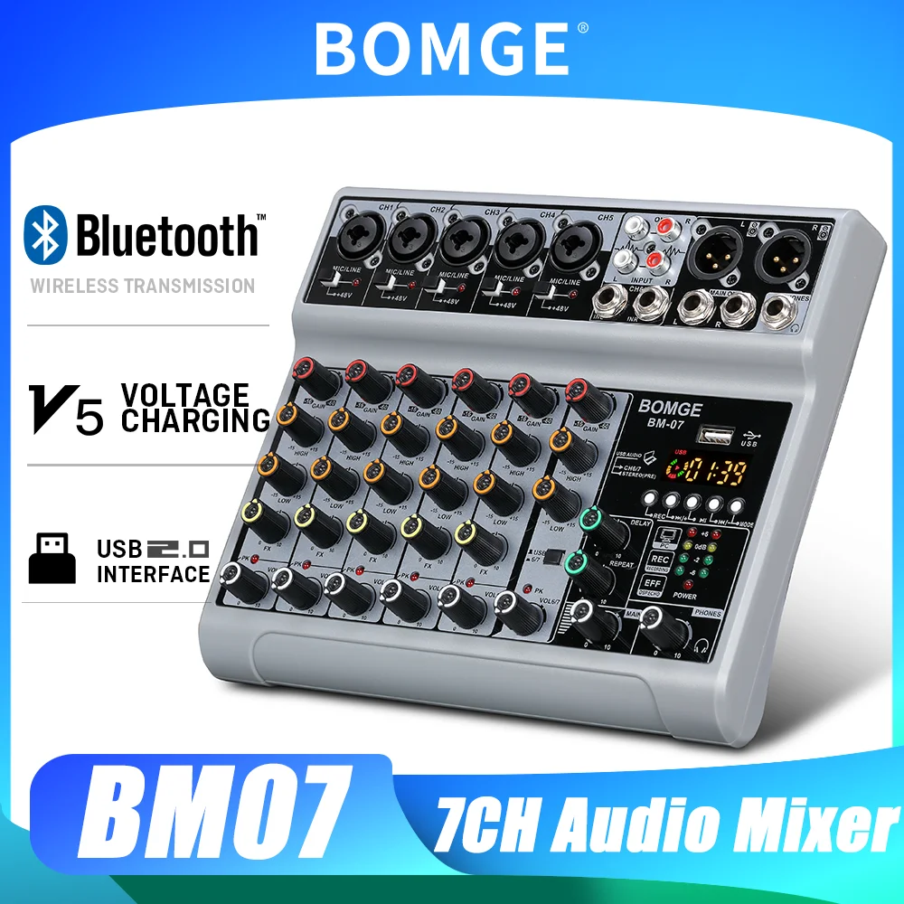 bomge-7-channel-audio-mixer-with-bluetooth-usb-5-mic-line-1-stereo-input-xlr-balanced-635mm-jack-output-with-headphone-monitor