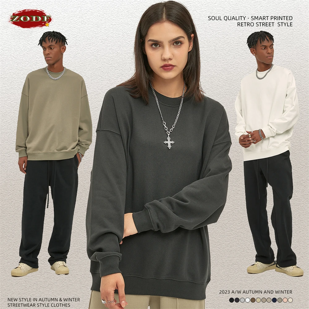 ZODF 2023 Autumn Winter 400gsm 100% Cotton Sweatshirts For Men Unisex Oversized Terry O-Neck Solid Pullovers Streetwears HY0659