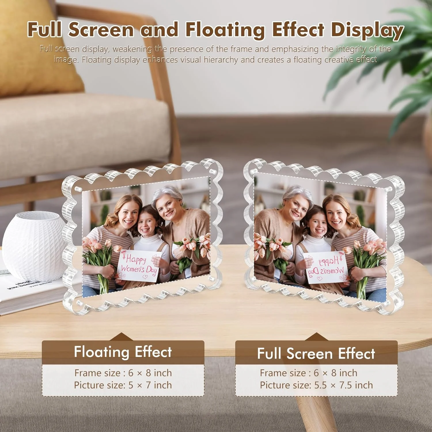 Magnetic Acrylic Picture Frames 3 pack Scalloped Photo Frame Double Sided Clear Frames for Desktop Trendy Home Gift