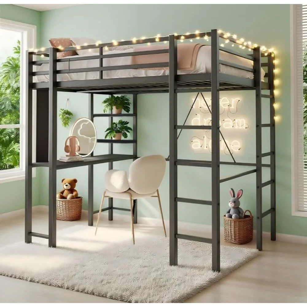 Loft Bed with Desk, Metal Loft Bed Twin Size with 2 Built-in Ladders, with Safety Guard, Space-Saving Bed Frame, Noise Free