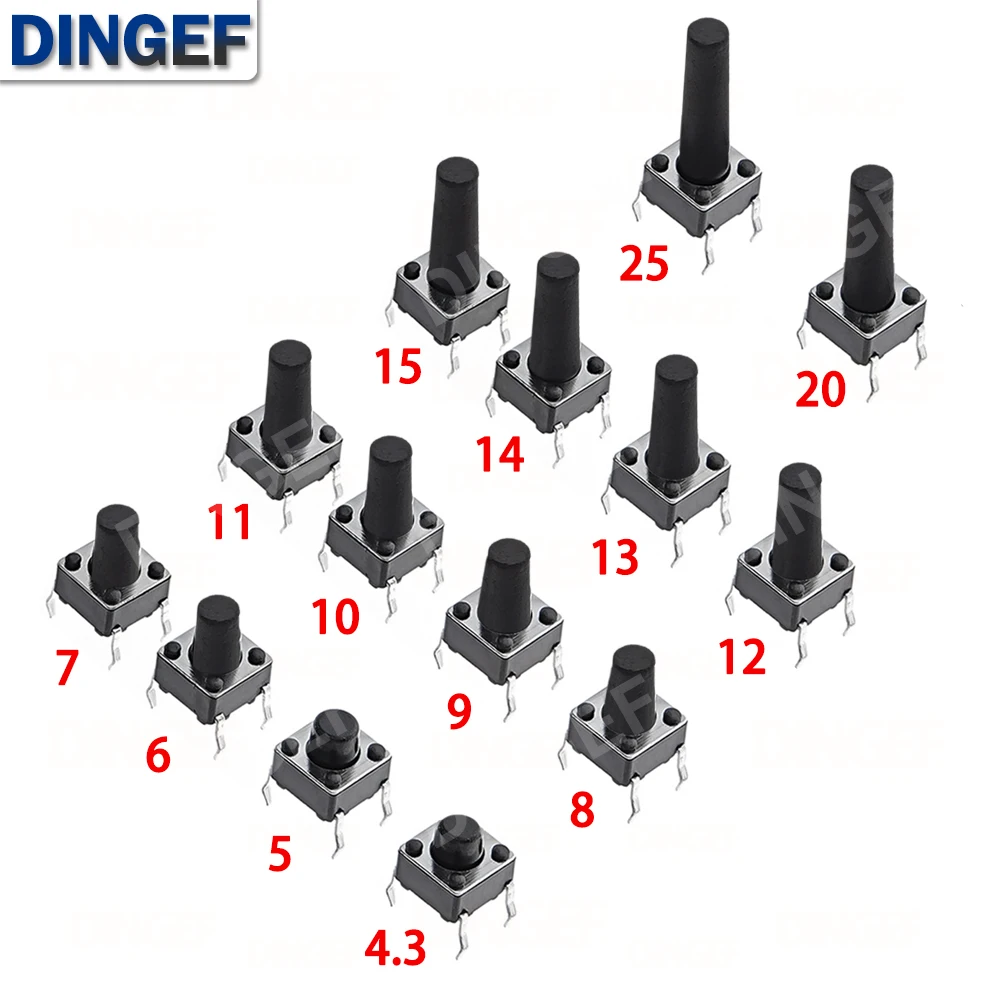 50PCS 6x6 Push Button Switch DIP 6X6X4.3 Light Touch Switch 6*6*4.3/5/6/7/8/9/10/11/12/13MM The Power Switch 4Pin