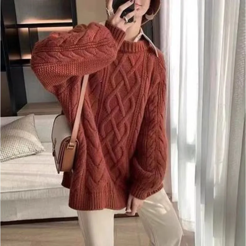 FANAN Autumn Winter 2024 New Thick Knit Sweater Women's Loose Lazy Round Neck Thickened Fried Dough Twists Pullover Knit