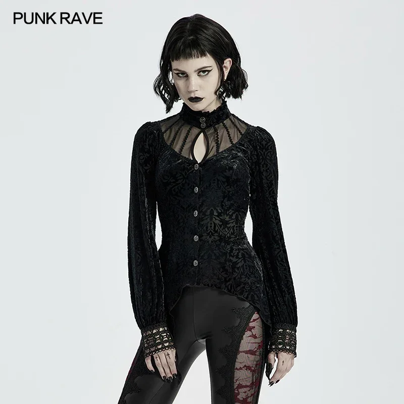 

PUNK RAVE Women's Gothic Long Sleeve Mesh Stitching Shirt Fashion Sexy Slim Fit Irregular Hem Burnt Flocking Knitted Blouses