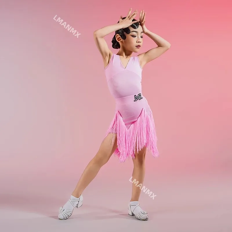 2025 verão nova menina vestido de dança latina sem mangas com decote em v borla tri cor emenda prática vestido