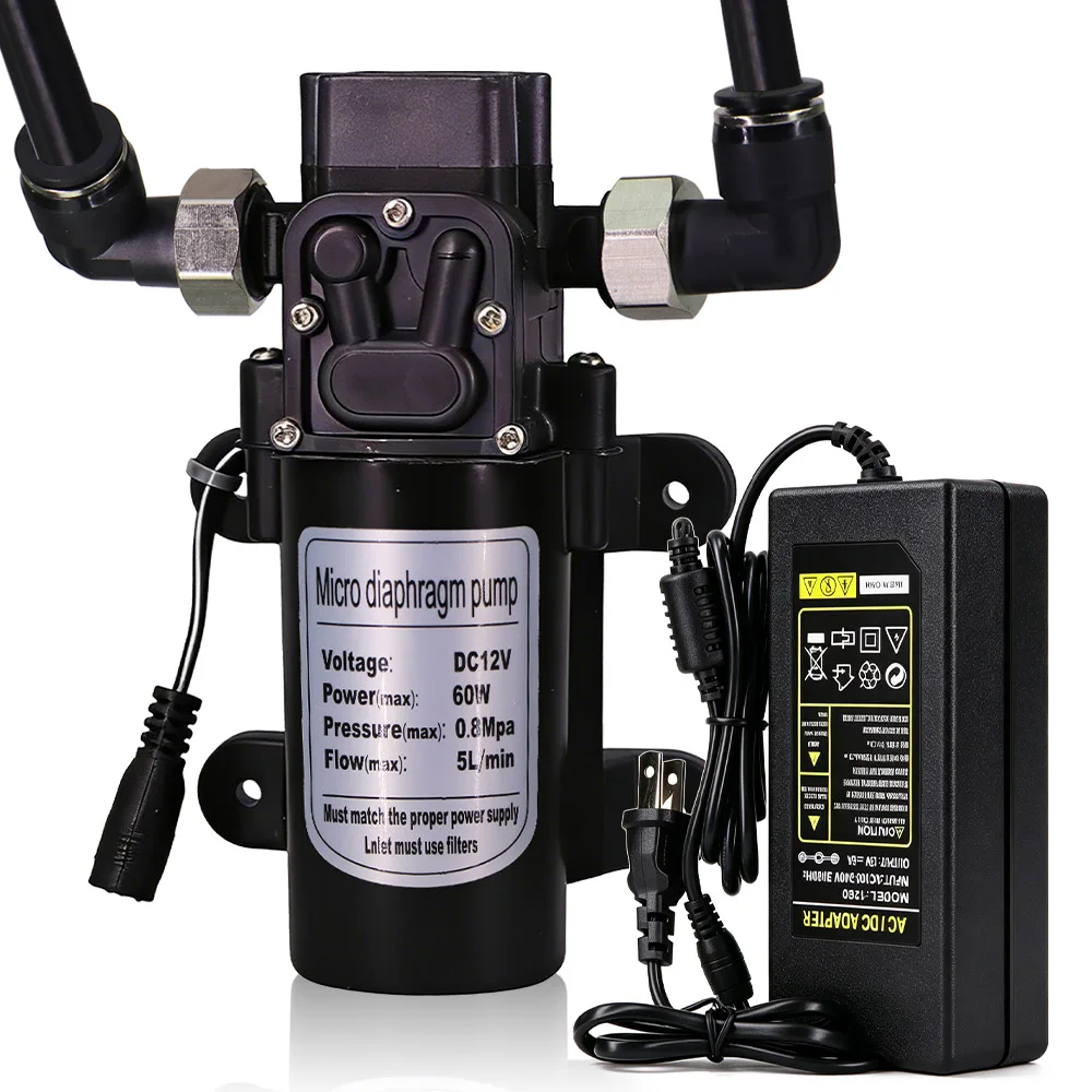 

60W Diaphragm Booster Pump w/ 110-240V Power Supply Water Spray Pump 6-16mm PE Hose Quick Connector Garden Irrigation Watering