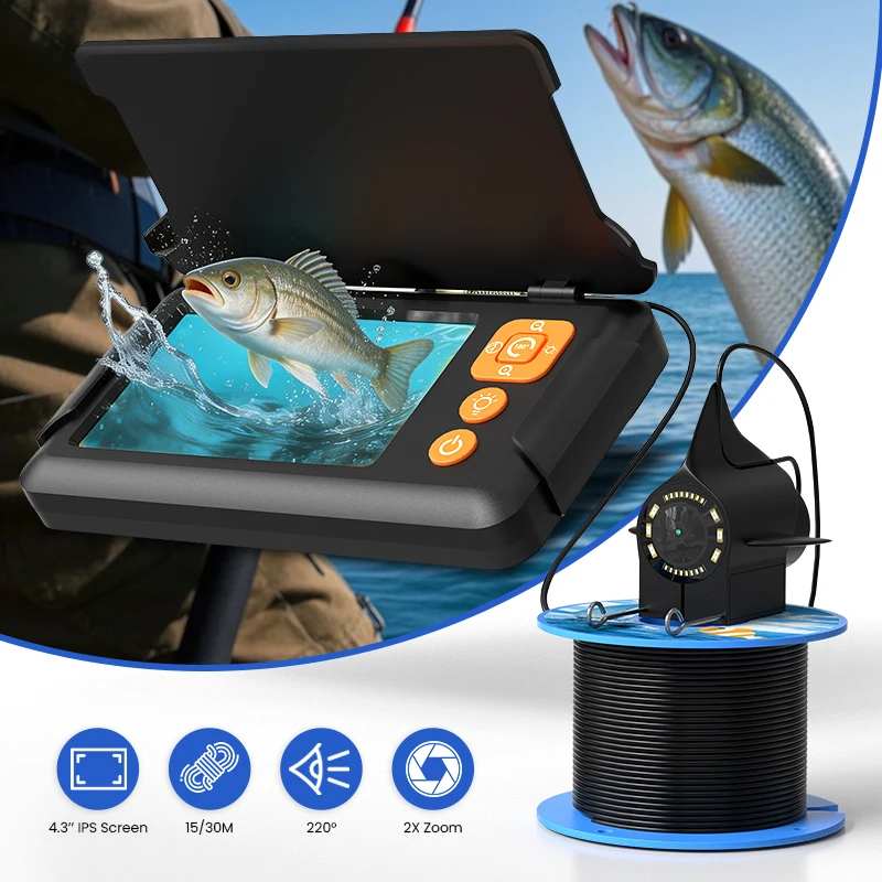 Portable 4.3'' LCD Fish Finder IP68 Waterproof 15m/30m Underwater Depth with 220° Wide-Angle Fishing Camera with Night Vision