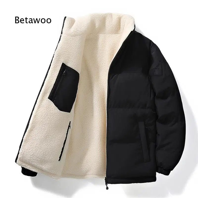 Men Reversible Stand Collar Puffer Jacket Fleece Lined Thick Warm Zip Up Loose Fit Outerwear for Winter Street Daily Wear