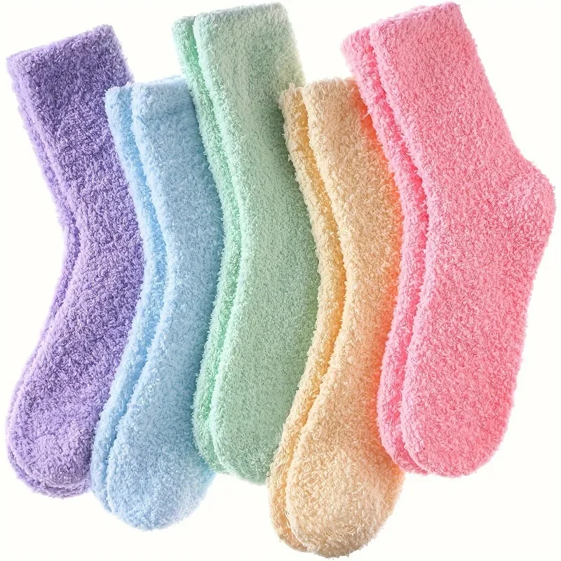 Colorful Coral Fleece Home Socks for Women, Autumn and Winter Thick Warm Plush Sleeping Floor Mid Tube Socks