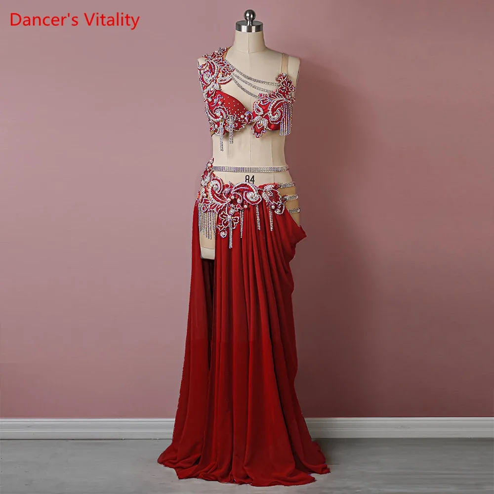 Belly Dance Competition Costume Set for Women Cusomzied High Waist Chain Pleated Tassel Chiffon Dress Set Children Dance Outfit